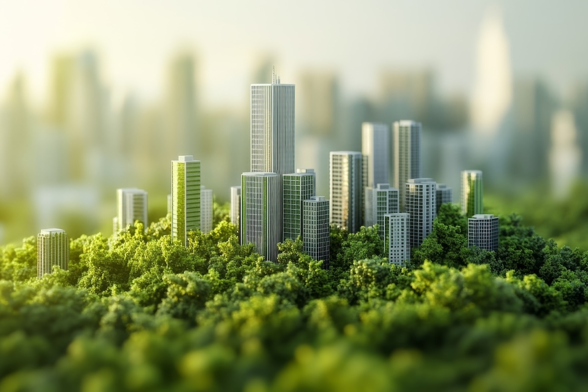 Modellino di una città con edifici verdi immersa nella vegetazione